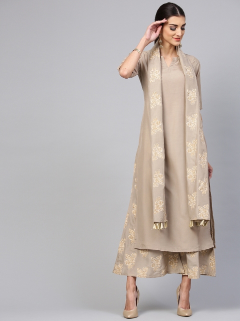 

Libas Women Grey & Beige Block Print Kurta with Palazzos & Dupatta