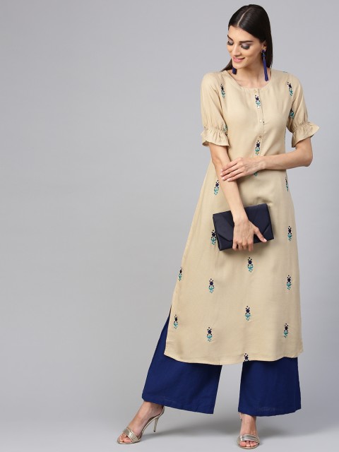 

Libas Women Beige Embroidered A-Line Kurta