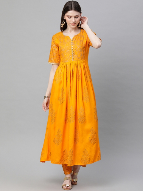 

Libas Women Yellow Block Print Kurta with Trousers