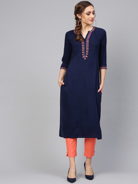 

Libas Women Navy Blue & Coral Pink Solid Kurta with Trousers