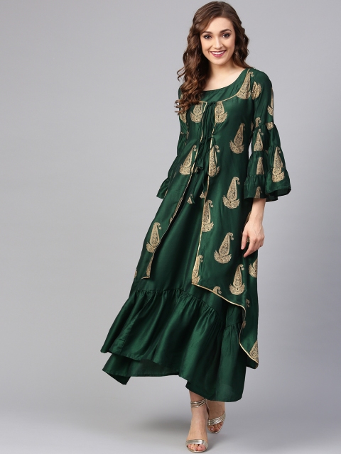 

Libas Women Green & Golden Printed Maxi Dress With Ethnic Jacket