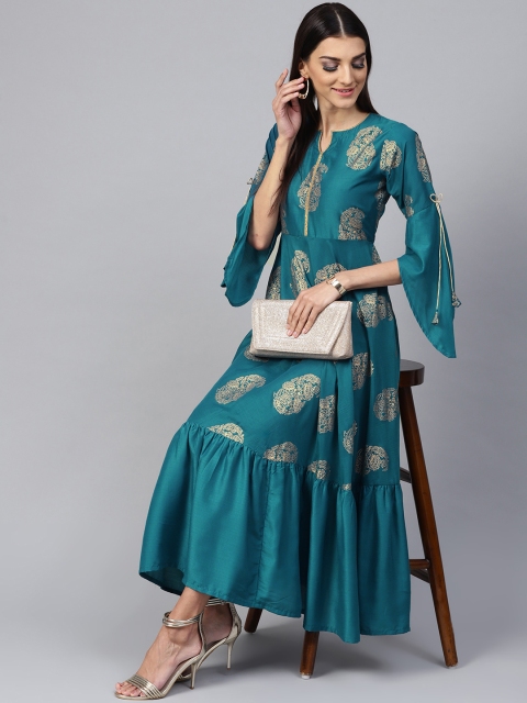 

Libas Women Teal Blue Block Print Maxi Dress