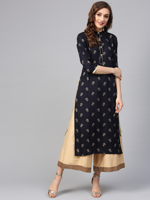 

Libas Women Navy Blue & Golden Printed Straight Kurta