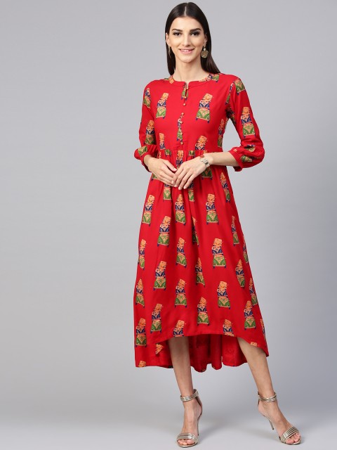 

Libas Women Red & Green Printed A-Line Dress