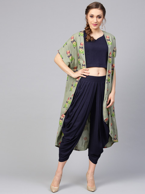 

Libas Women Navy Blue & Green Solid Top with Dhoti Pants and Printed Shrug