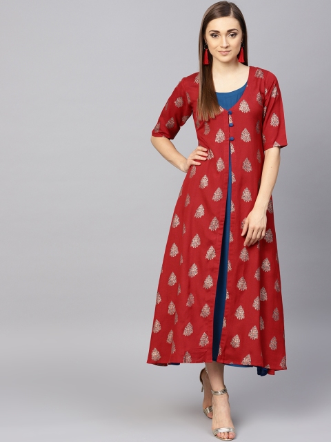 

Libas Women Teal Blue & Red Block Print A-Line Dress with Ethnic Jacket