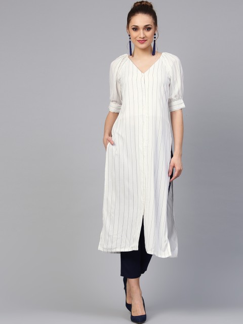 

Libas Women White & Navy Blue Striped Kurta with Solid Trousers