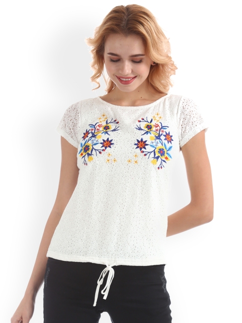 

Sugr Women White Embroidered Regular Top