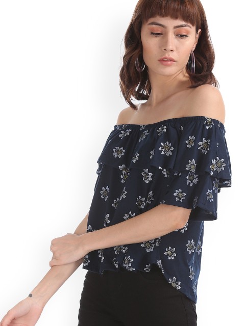 

Sugr Women Navy Blue Printed Bardot Top