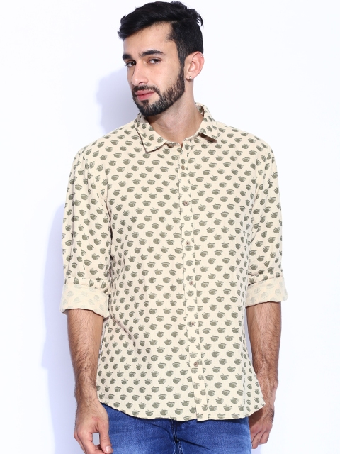 

People Khaki Printed Linen Slim Casual Shirt