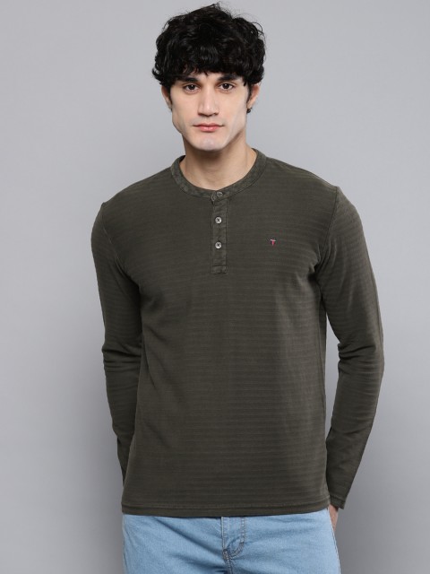 

Louis Philippe Jeans Men Olive Green Self-Striped Henley Neck T-shirt