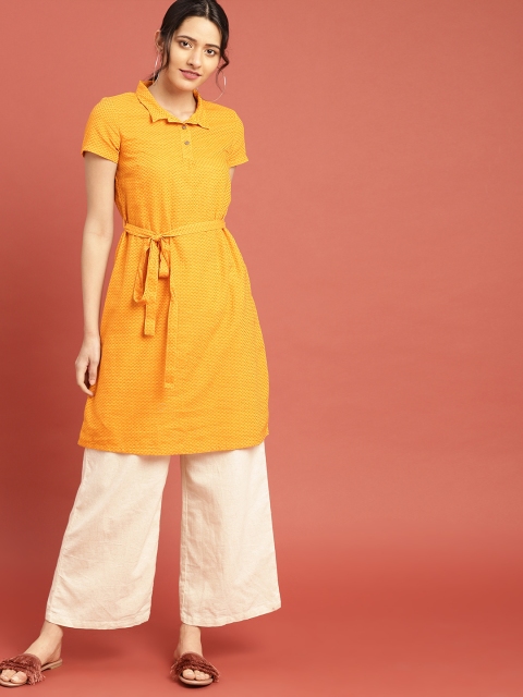 

Taavi Women Mustard Yellow Woven Legacy Straight Sustainable Kurta with Tie-Up Detail