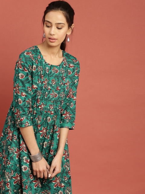 

Taavi Women Green & Maroon Block Print Legacy A-Line Kurta with Pockets