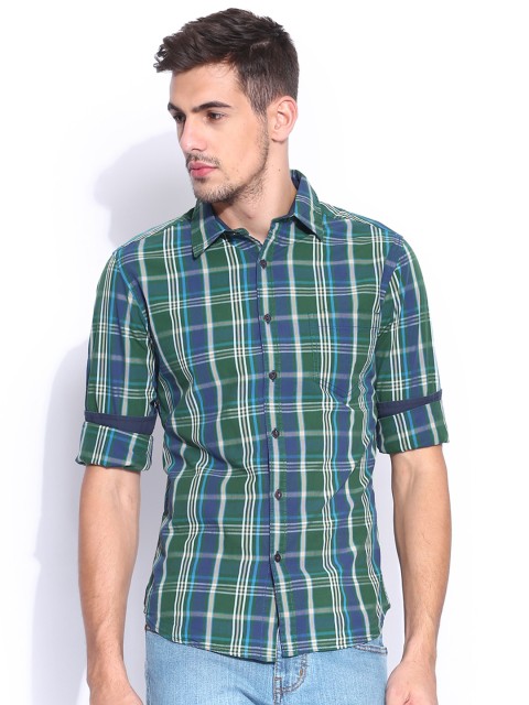

People Green & Navy Checked Slim Casual Shirt