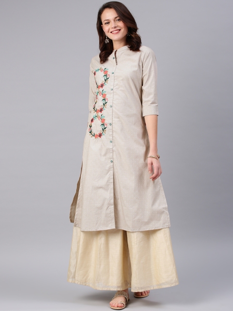 

Alena Women Beige Embroidered Straight Kurta