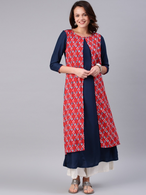 

Alena Women Navy Blue & Red Printed A-Line Layered Kurta