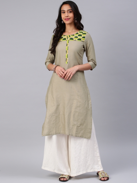 

Alena Women Beige & Green Printed Straight Kurta