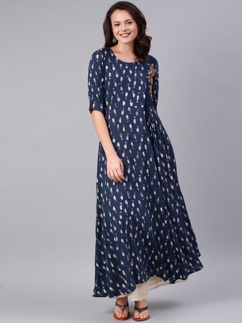 

Alena Women Navy Blue Floral Printed A-Line Kurta