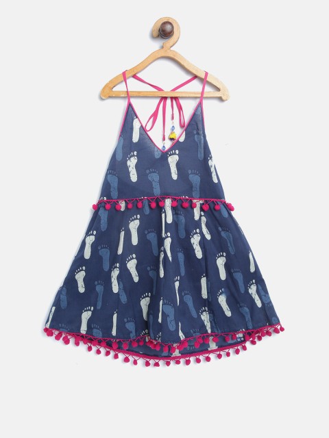 

BownBee Girls Navy Printed Halter Neck A-Line Dress, Navy blue
