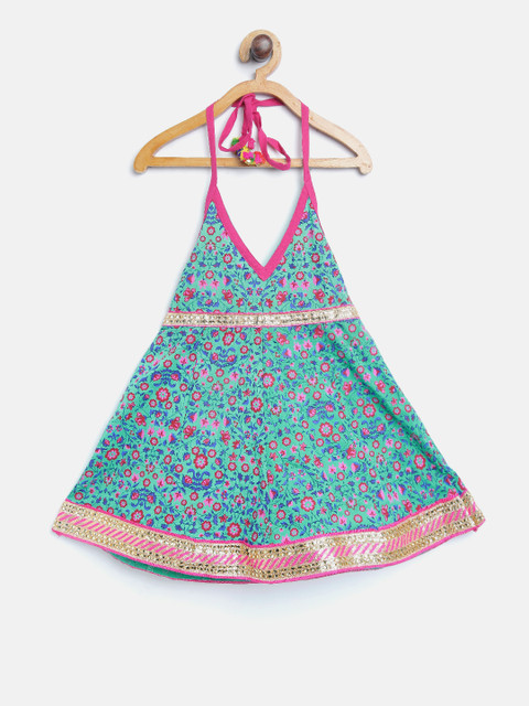

BownBee Girls Blue & Pink Printed Halter Neck A-Line Dress