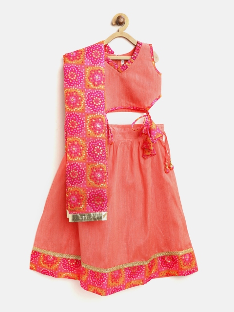 

BownBee Girls Coral Pink Ready to Wear Lehenga & Blouse with Dupatta