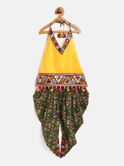

BownBee Girls Yellow & Green Embroidered Top with Dhoti Pants