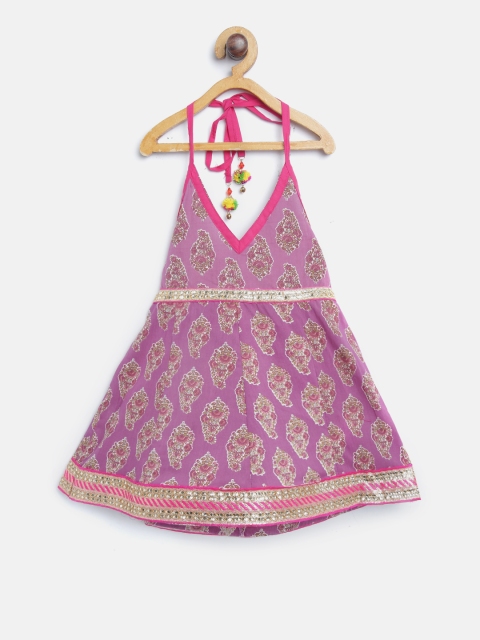

BownBee Girls Purple Printed Halter-Neck A-Line Dress