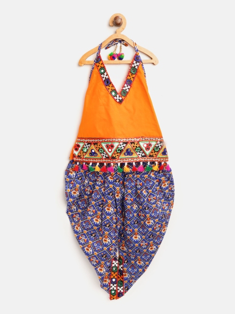 

BownBee Girls Orange & Blue Embroidered Top with Dhoti Pants