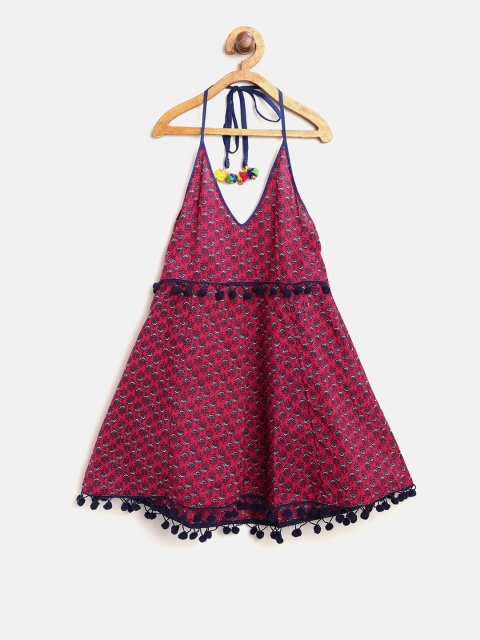 

BownBee Girls Red & Navy Blue Printed Empire Dress