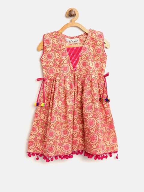 

BownBee Girls Peach-Coloured & Pink Printed Fit & Flare Dress