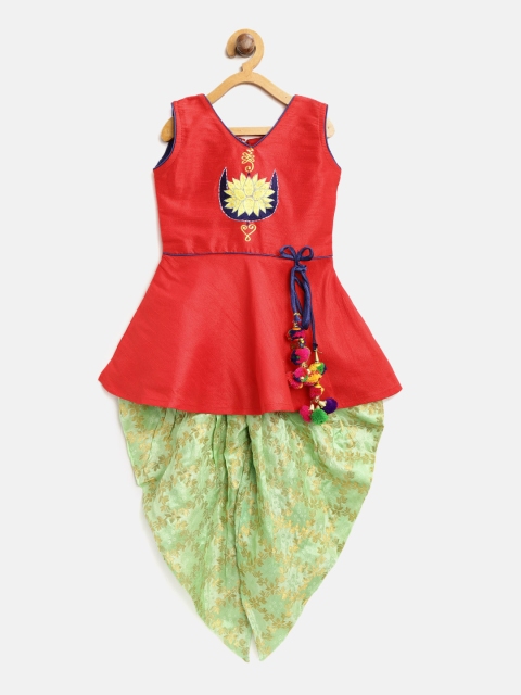 

BownBee Girls Red & Green Embroidered Kurti with Dhoti Pants