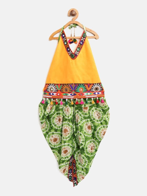 

BownBee Girls Yellow & Green Embroidered Top with Dhoti Pants
