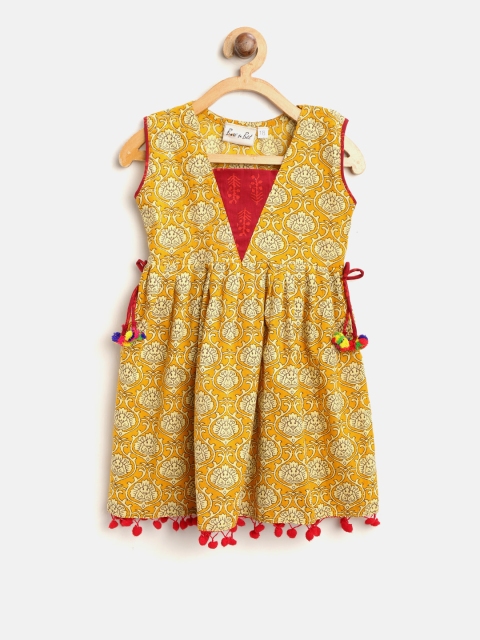 

BownBee Girls Mustard Yellow Printed Fit & Flare Dress