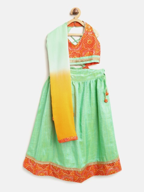 

BownBee Girls Green & Orange Printed Ready to Wear Lehenga & Blouse with Dupatta