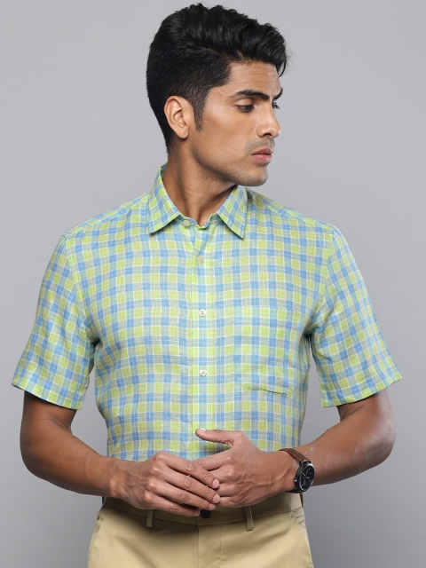 

Louis Philippe Men Yellow & Blue Slim Fit Checked Linen Smart Casual Shirt