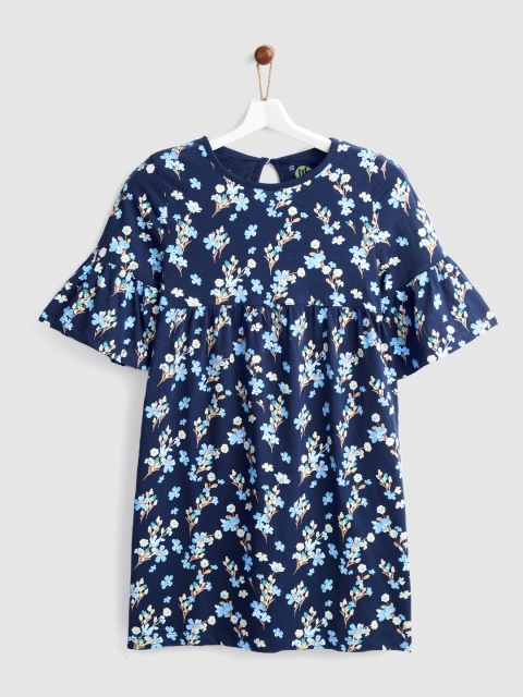 

YK Girls Navy Blue Printed Empire Dress