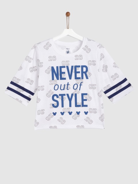 

YK Girls White Printed Round Neck T-shirt
