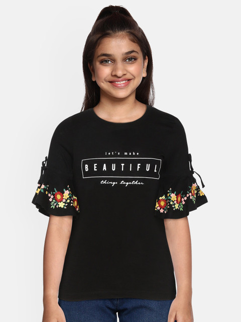 

YK Girls Black Printed Pure Cotton Top
