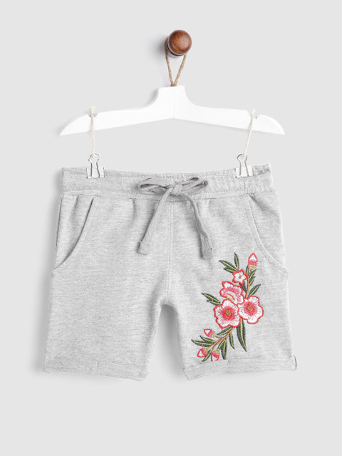 

YK Girls Grey Melange Regular Fit Shorts with Embroidered Detail