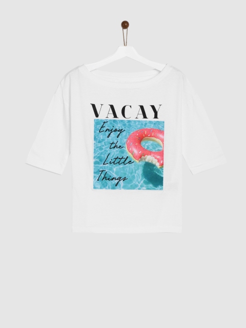 

YK Girls White & Blue Printed Round Neck Top