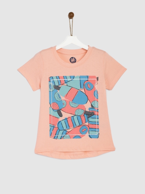 

YK Girls Peach-Coloured Printed Round Neck T-shirt