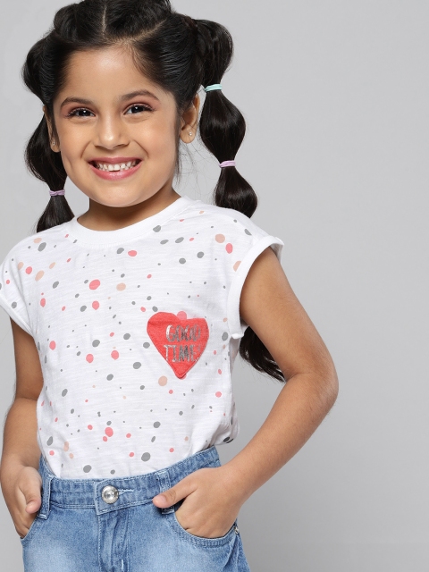 

YK Girls White Printed Round Neck Pure Cotton Top