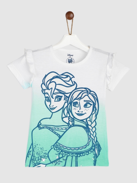 

YK Disney Girls White Elsa Printed Round Neck T-shirt