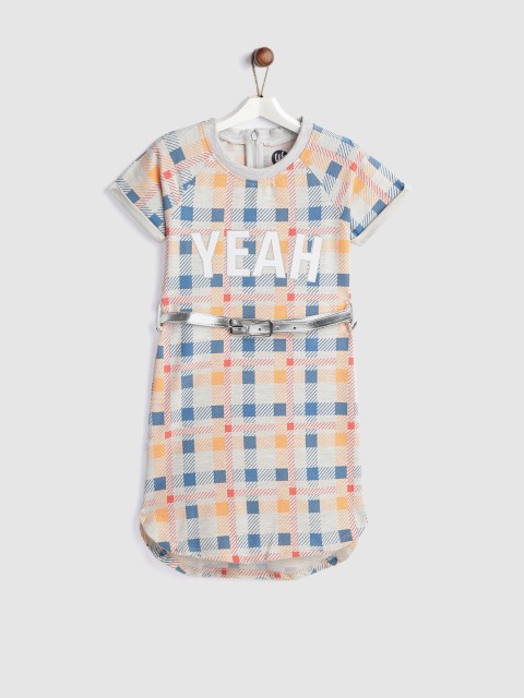 

YK Girls Grey & Orange Checked T-shirt Dress with Belt