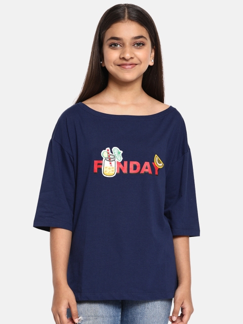 

YK Girls Navy Blue Printed Round Neck Top