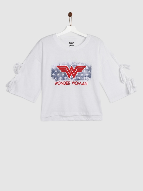 

YK Justice League Girls White Printed Round Neck Top