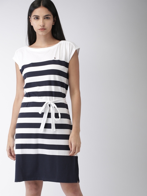 

Tommy Hilfiger Women White & Navy Blue Striped Sheath Dress