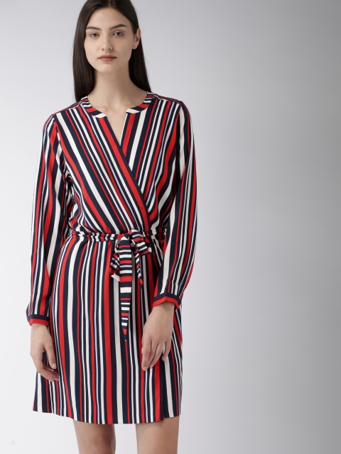 

Tommy Hilfiger Women White & Navy Blue Striped Wrap Dress