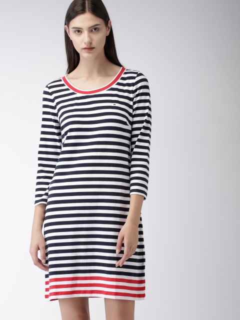 

Tommy Hilfiger Women White & Navy Blue Striped T-shirt Dress