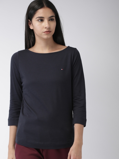 

Tommy Hilfiger Women Navy Blue Solid Boat Neck Pure Cotton T-shirt